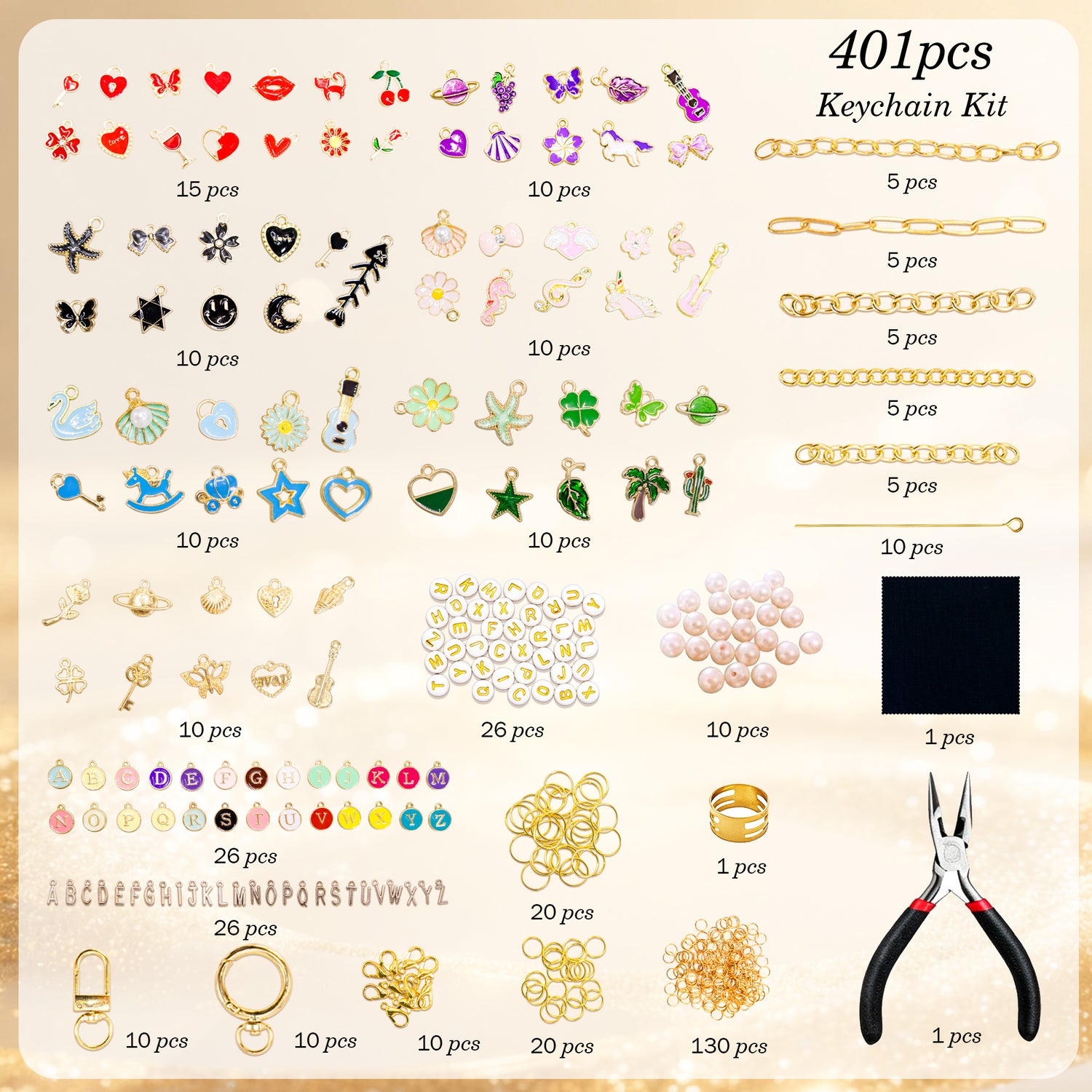 401 Pcs Charms Keychain Making Kit, Complete DIY Bag Charm Supplies Kit