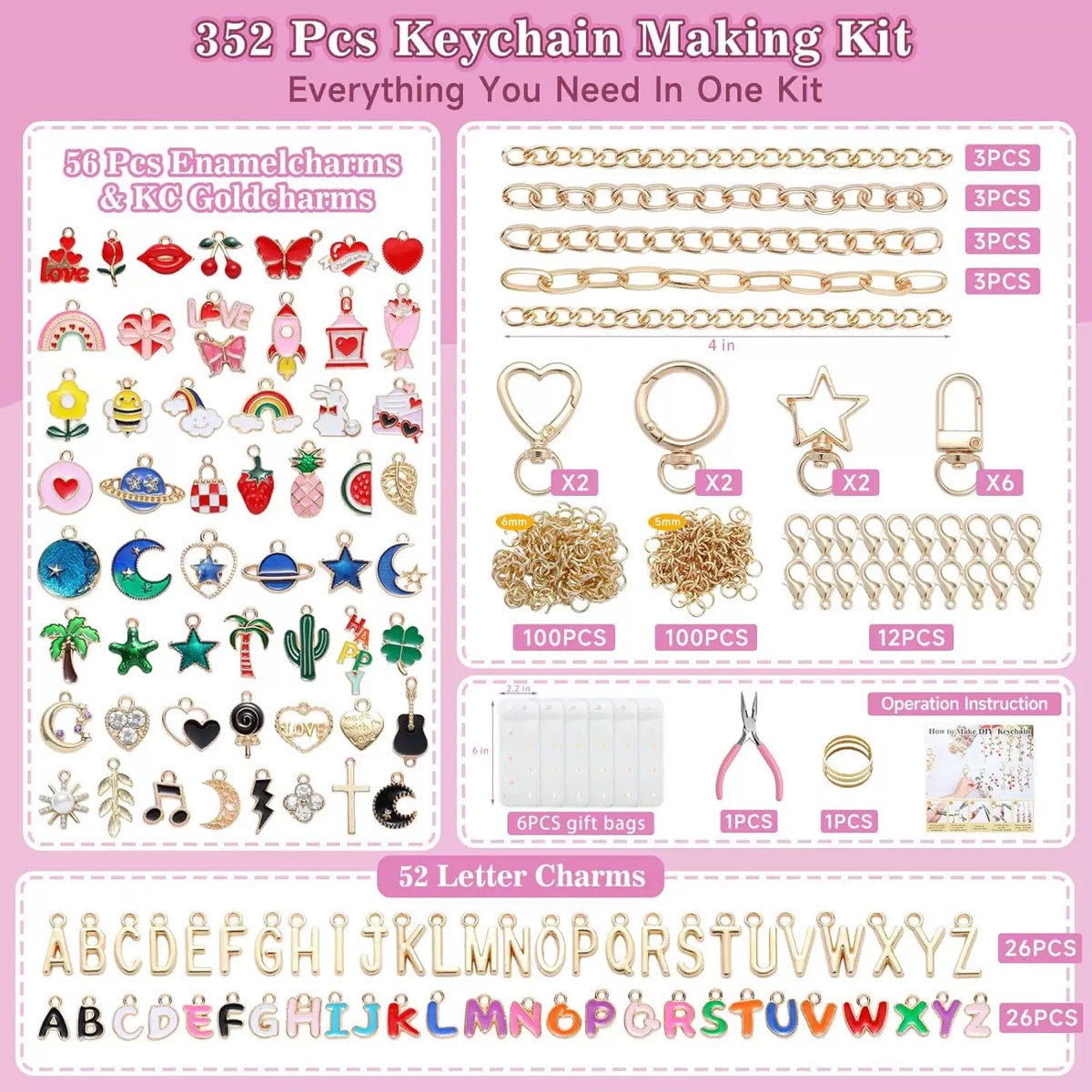 352 Pcs Charms Keychain Making Kit, Complete DIY Bag Charm Supplies Kit