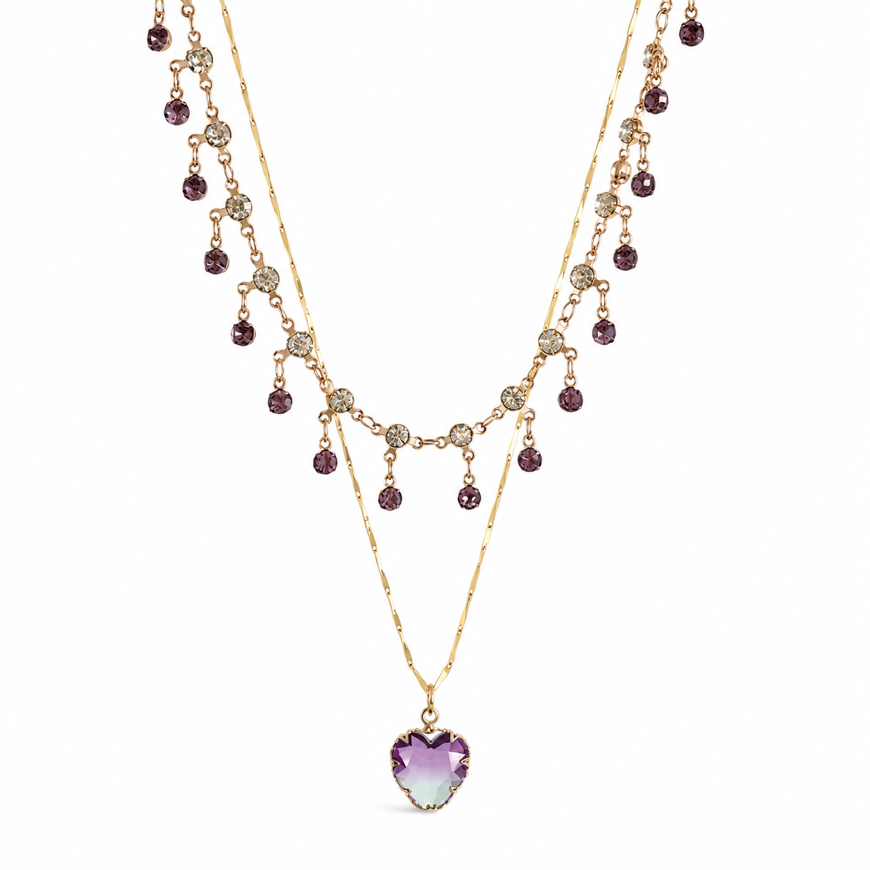 Purple Crystal Heart Layered Necklace