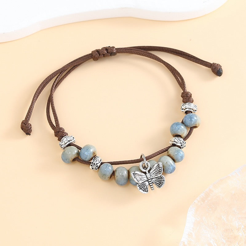 Boho Blue Beaded Butterfly Charm Bracelet