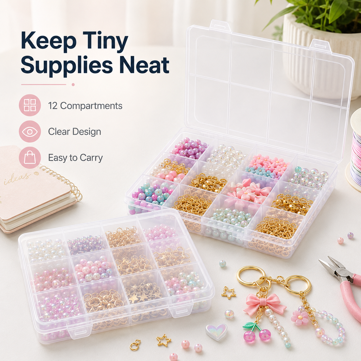 12-Compartment Clear Organizer Box for Keychain Making Supplies