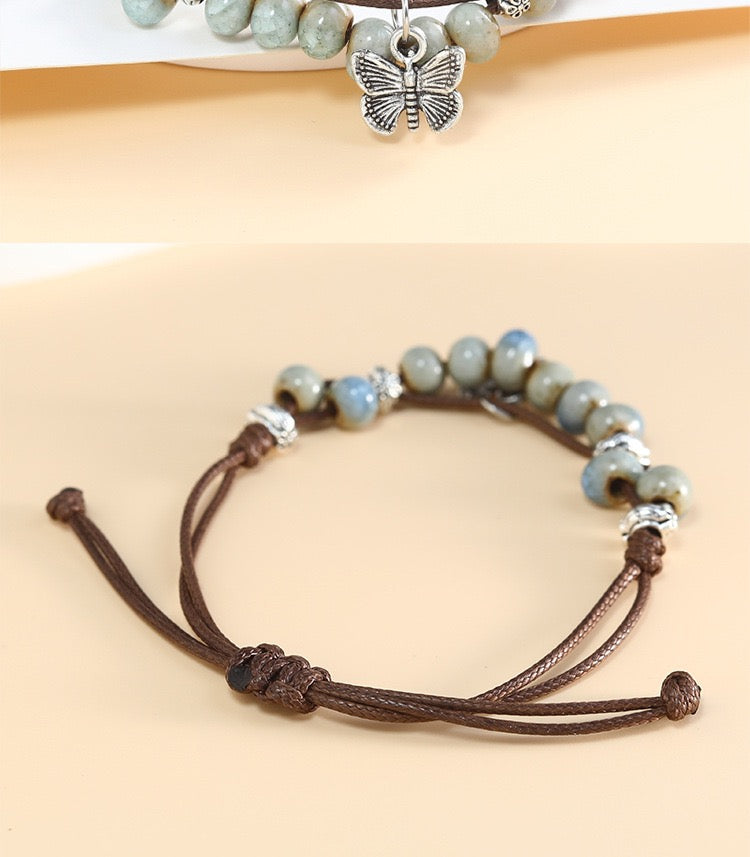 Boho Blue Beaded Butterfly Charm Bracelet