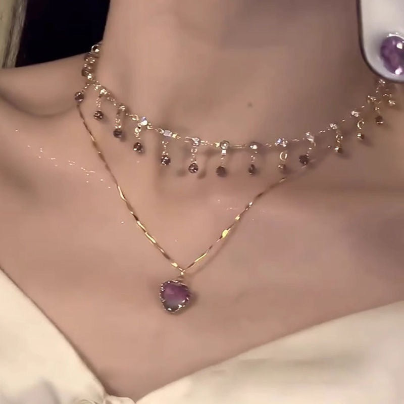 Purple Crystal Heart Layered Necklace
