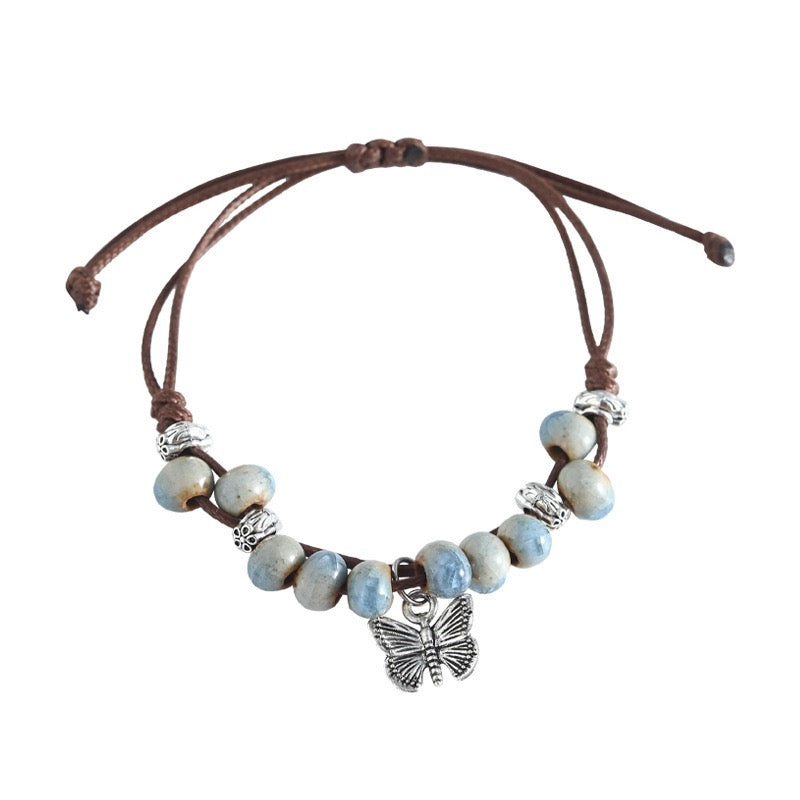 Boho Blue Beaded Butterfly Charm Bracelet