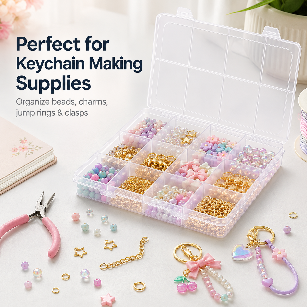 12-Compartment Clear Organizer Box for Keychain Making Supplies
