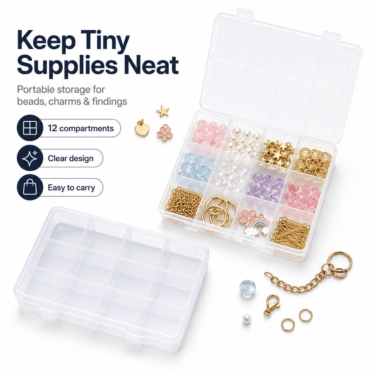 12-Compartment Clear Organizer Box for Keychain Making Supplies